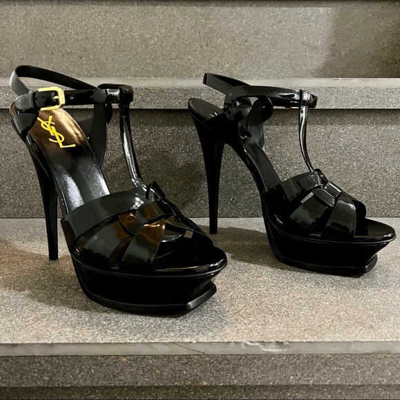 SAINT LAURENT Tribute Platform Sandals 105mm, Black Patent Leather,Sz 41EU(11US) - Picture 6 of 17